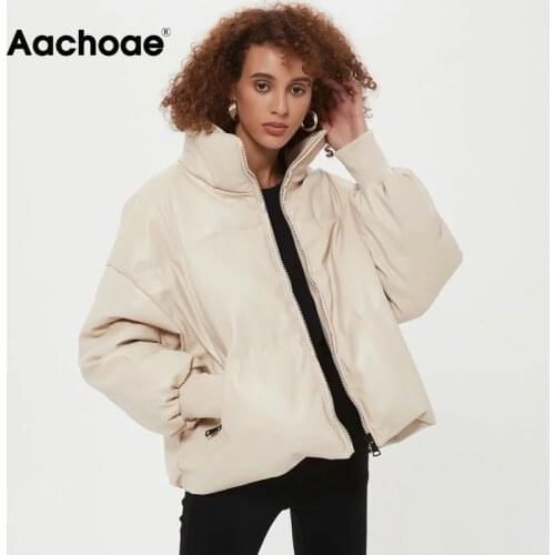 Aachoae Women PU Faux Leather Parka Coat 2021 Winter Zipper Hooded Padded Jacket Female Long Sleeve Pockets Thick Warm Coat