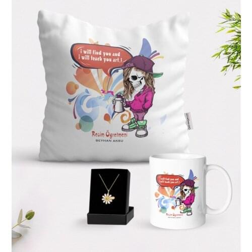 Personalized Art Teacher White Mug Cushion and Is Daisy Necklace Gift Seti-2