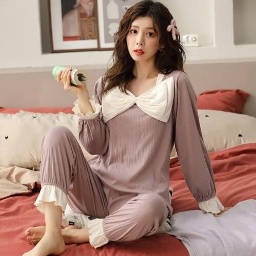 Lovely Bow-Knot Womens Pure Cotton Pajamas For Women Pyjamas Sleepwear Pijamas Mujer Long-sleeved Trousers V-Neck Pajamas XXXL