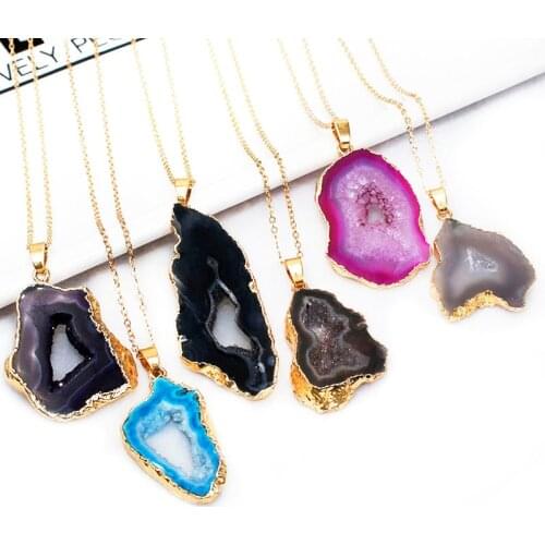 Natural Geodo Stone Pendant Necklace Healing Crystal Quartz Reiki Chakra Jewelry for Women