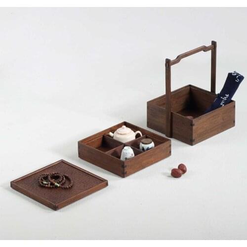 Chinese Style Natural Bamboo Basket Double Layer Portable Picnic Storage Box Food Container tableware Snack Drink Organizer