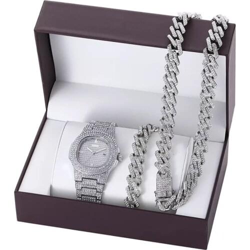 Luxury Men Woman Watch Set Hip Hop Necklace Bracelet Watches Cuban Chain Gold Color Bling Jewelry Watch Set For Men Lady Gift