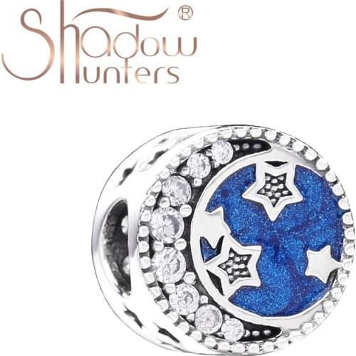 SHADOWHUNTER Real 925 Sterling Silver Crystal Moon Stars Charms With Blue Enamel Women DIY Bead For Gift Round Shape Encanto