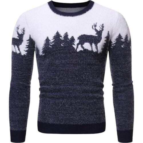 2020 Winter Christmas Sweater Christmas Tree Deer Print Mens Sweaters Casual O-neck Male Pullovers Slim Sweaters Mens Clothes