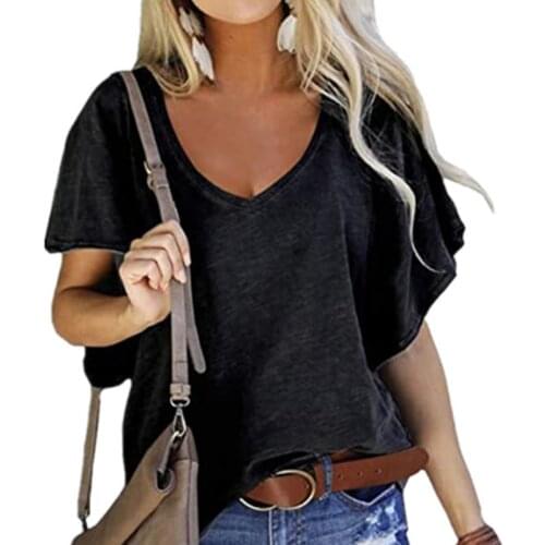 2021 Summer Womens Tops V-Neck Cotton Solid Color Short Sleeve Casual Loose Comfortable Plus Size Femme T-Shirt New