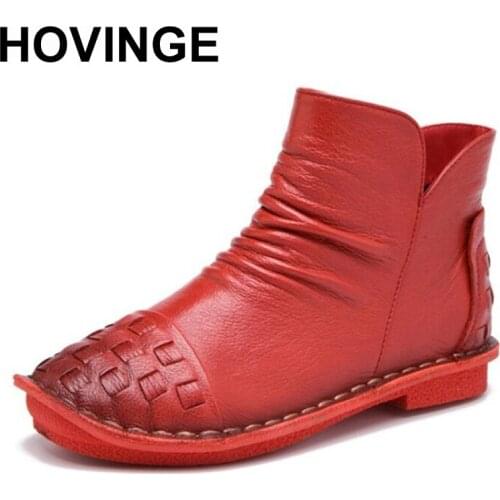 HOVINGE The spring and autumn 2018 new fashion leather Cowhide Womens shoes low all-match warm flat lady Casual boots