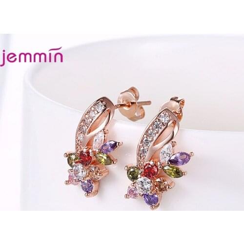 925 Sterling Silver Jewelry Earrings for Girl Woman Multicolors Cubic Zircon Handmade Flower Shape Stud Pin Piercing Ear Brincos