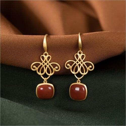 Natural Hotan red tourmaline Chinese Knot Earrings style retro court light luxury elegant womens silver jewelry