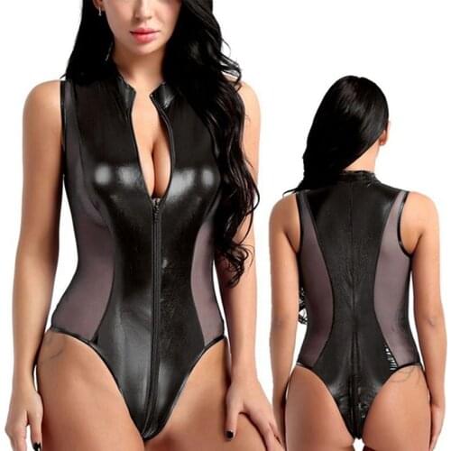 Ladies PU Leather Wetlook Playsuit Women Sexy Skinny Bodysuit Women Catsuit Clubwear Jumpsuit For Women