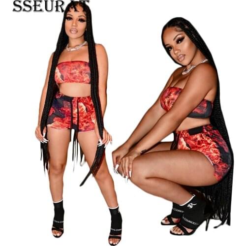 SSEURAT Womens Set Tie Dye Print Fashion Strapless Tops and Shorts Matching Two 2 Piece Set Tracksuit