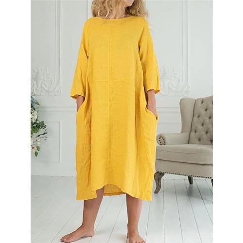 Robe longue femme Autumn solid vintage 3/4 sleeve double-pockets loose dress 2021 yellow black gray casual dresses for women
