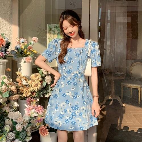 Temperament Square Collar Flower Short-sleeved Dress Female Summer New Korean Style High-waisted Thin A-line Short Skirt