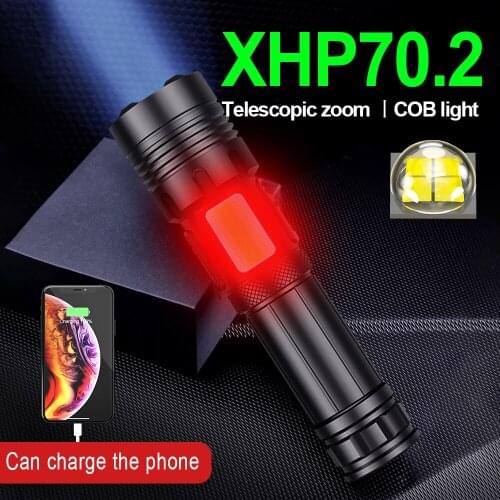 2021 High Power LED Zoom Flashlight XHP70.2 USB 18650 Rechargeable COB Bichromatic Flash Lamp Tactical Hunting Camping Lantern