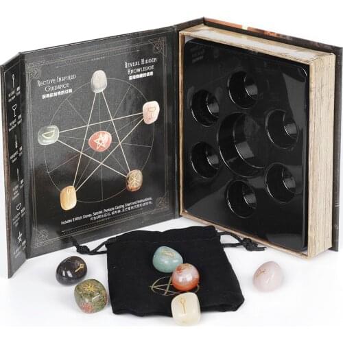 6PCS Chakra Stones Witch stones Engraved Symbols Polished Palm Stone Reiki Crystal Healing Natural Stone Divination Witchcraft