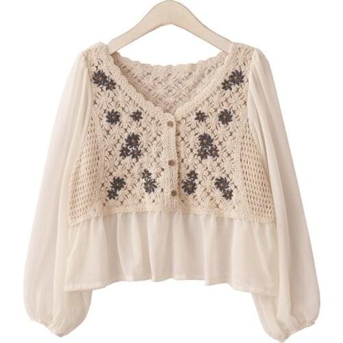 Summer Sexy V-Neck Gauze Beach Style Thin Print Chiffon Slim Women Tops Button Up Shirts Embroidery Flower Hollow Out Blouses