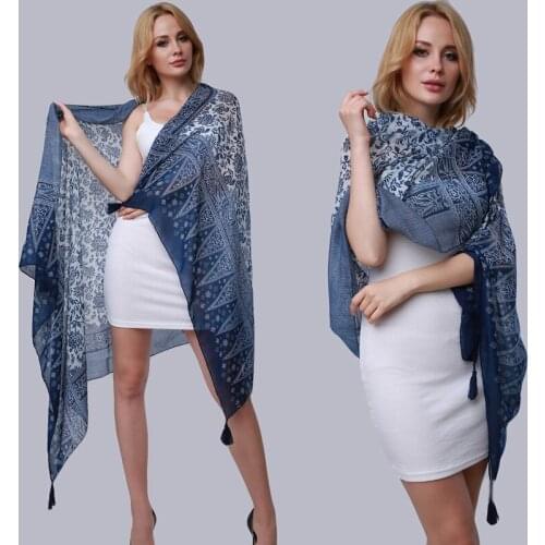 Large Size Summer Pashmina Scarf Women Long Shawl Printed Sexy Beach Cover Up Female Navy Blue Scarves 175*100cm