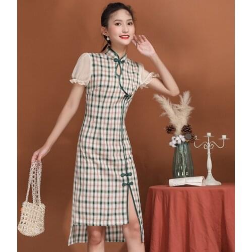 Spring and Summer New Short Sleeve Folk Style Ladies Breathable Retro Daily High Waist Plaid Slim Cheongsam