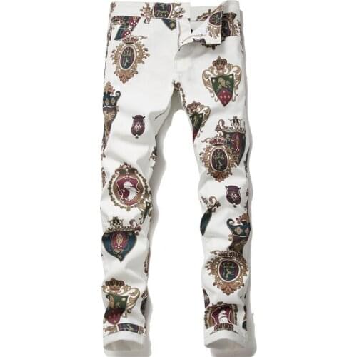 New Mens badge 3D printed white jeans Fashion all-match colored drawing slim fit stretch straight personality pants trousers