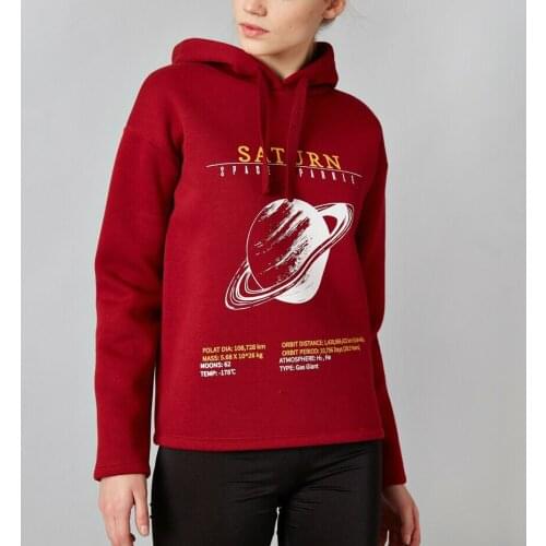 Hooded saturn planet space printed cotton Sweatshirt wine red color Hoodie Womens / girls new season 2021 winter