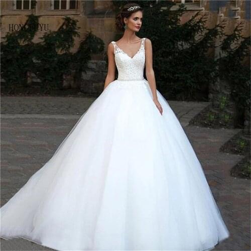 Classic V-Neck Wedding Dresses White A-line Appliques Floor Length Vestidos De Noiva 2021 Bridal Dresses