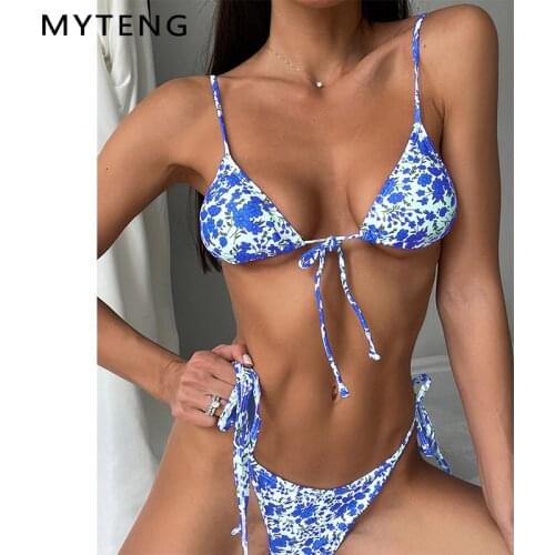 Sexy Flower Print Two Piece Set Bikini Summer Triangle Push Up Swimwear Women String Bandage Beach Wear New Mini Thong Biqiuni