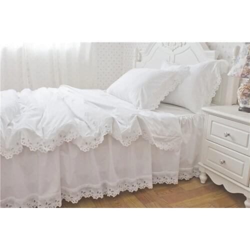 Bright White Color Hollow Lace Edge Duvet/Quilt Cover With Zipper 100%Cotton Ultra Soft Bedskirt Bedding Size Set Shabby Queen