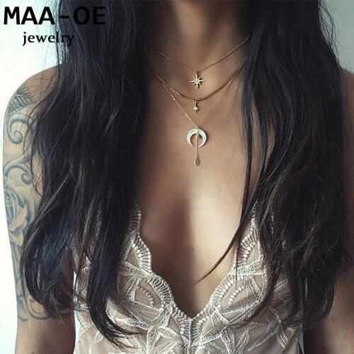 Vintage Fashion Multilevel Gold Necklaces For Women Crystal Sun Horns Sequinss Pendant Necklace Female Boho Valentine Jewelry