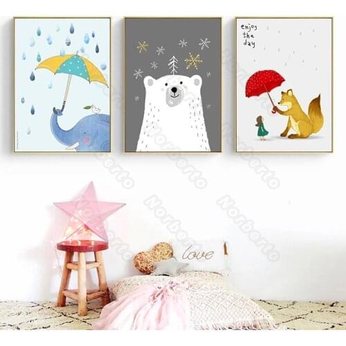 Cartoon Animals Canvas Painting Poster Print Bear Elephant Fox In Rainy or Snowy Day Holding Umbrella Nursery Rooms Wall Decorat