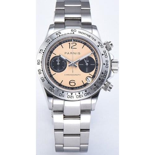 39mm PARNIS Beige dial sapphire Crystal date full Chronograph quartz mens watch