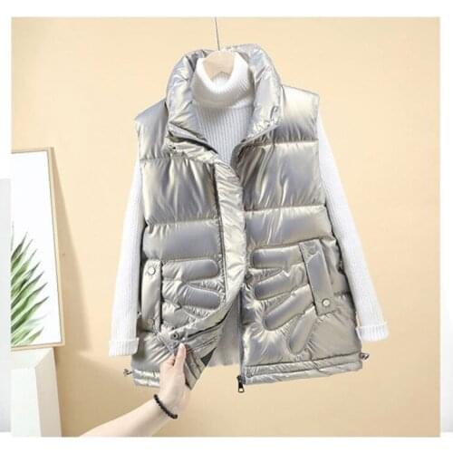 Autumn Winter Womens Short Glossy Down Cotton Vest Fashion Stand-Up Collar Lightweight Vest Waistcoat Jacket