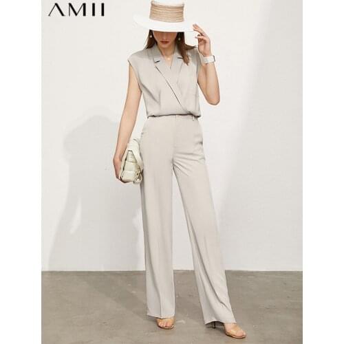 Amii Minimalism Summer New Womens Shirt Offical Lady Solid Lapel Sleeveless Womens Tops Causal Chiffon Womens Pants 12140199