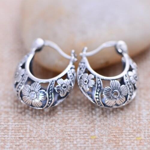 Real 925 Sterling Silver Retro Fashion Hollow Out Flower Earrings Exquisite Commemorative Gift Jewelry