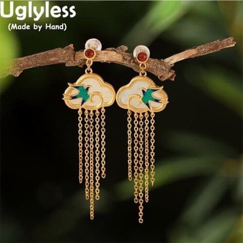 Uglyless Spring Comes Enamel Swallow Earrings for Women Exotic Multi Chains Tassels Earrings 925 Silver Jade Clouds Brincos Bird