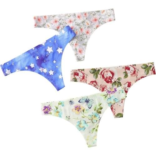 One Piece Breathable Printed Thong for Women Low Rise Trackless Sexy Invisible Briefs Floral Panties