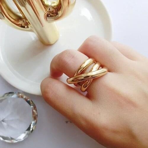 SRCOI 2019 New Korean Geometric Simple Multi-layer Hollow Cross Gold Shining Opening Metal Minimalist Chunky Rings Women Gifts