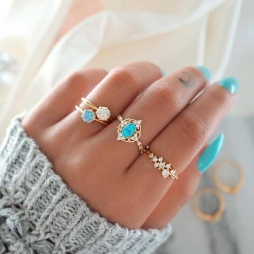 Miss JQ 4pcs/set Vintage Fashion Blue White Opal Crystal Rings Set For Women Geometric Rhinestone Knuckle Ring Fashion