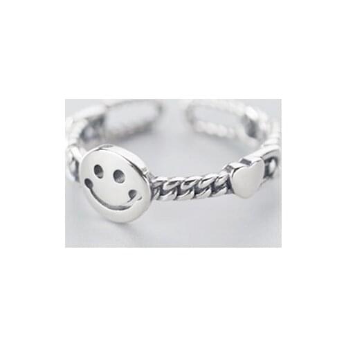 Sole Memory Smile Happy Retro Smiley Cutout Cute 925 Sterling Silver Female Resizable Opening Rings SRI554