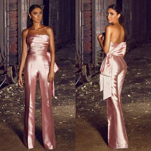 2021 Fashion Jumpsuit Evening Dresses For Women Pants SuitSatin Ruffles Big Bow strapless rose pink celebrity prom pant suit