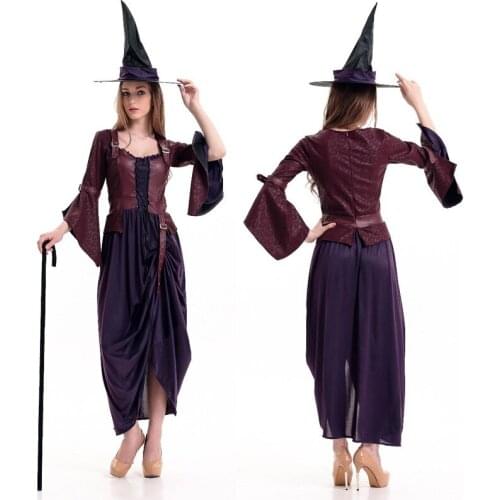 Women Witch Cosply Costumes Halloween Sexy Demon Side Slit Purple Dress Women Vintage Palace Dres3 Pcs Set Cosplay Costumes