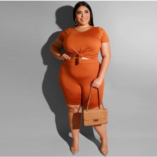 Sporty Plus Size Womens Set Solid Color O-neck Short Sleeve T-shirt &Knee Length Sweatpants Suit Two Piece Set Tracksuit Outfit