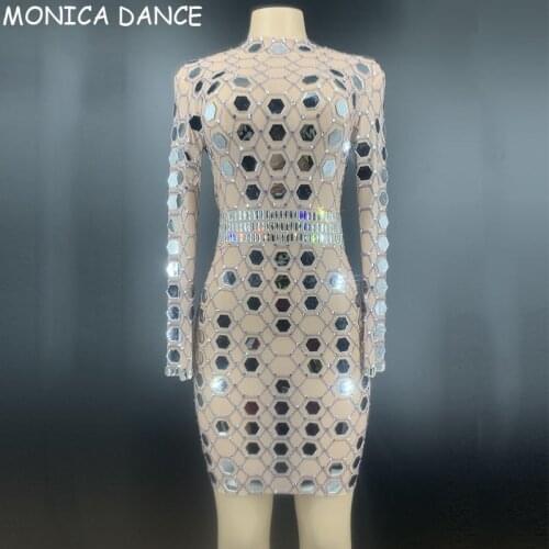 Women Sexy Stage Silver Mirror Rhinestones Transparent Short Dress Birthday Celebrate Clothes Prom Women Singer Show Dress