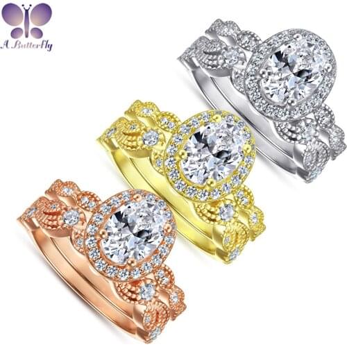 925 Sterling Silver Vintage Ring Simulation High Carbon Diamond 6*8 MM 1.25 Ct Oval Cut Set Ring Wedding Jewelry