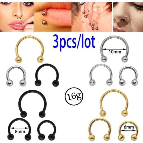 3PC Horseshoes Hoop Nose Ring Eyebrow Piercing Lip Septum Stainless Steel Ear Tragus Cartilage Earring Circular Body Jewelry 16G