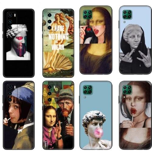 Black tpu Case For Huawei P30 Lite P30 Pro P40 Case For Huawei P40 LITE E P Smart 2020 Case Cover Mona Lisa Art David lines