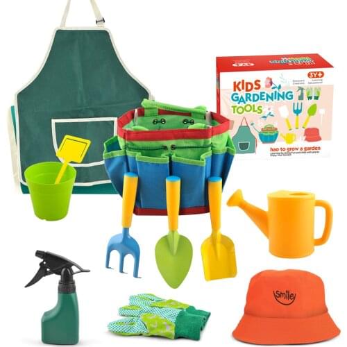 Kids Gardening Tools Garden Toys Set Children Shovel Spade Rake Watering Can Gardening Gloves Smock Travel Beach Toy