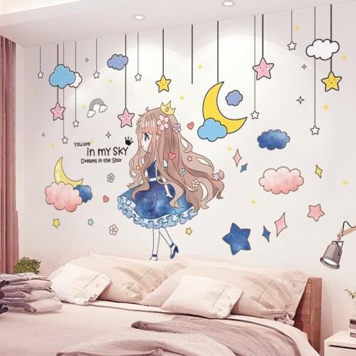 Long Hair Girl Wall Stickers DIY Stars Moon Clouds Wall Decals for Kids Room Baby Bedroom Dorm Home Decoration