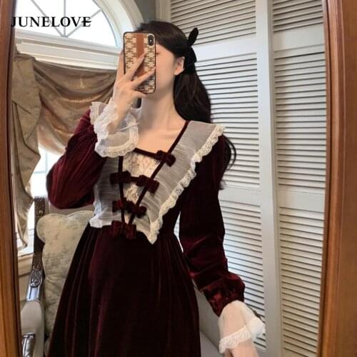 JuneLove Spring Fall Vintage Red Wine Velvet Patchwork Mesh V-neck Mid-calf Lace Long Sleeve Evening Party Long Women Vestidos