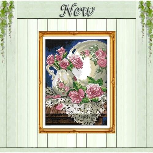 Vase and rose flowers decor painting counted printed on canvas DMC 14CT 11CT Chinese Cross Stitch Needlework Set Embroidery kits