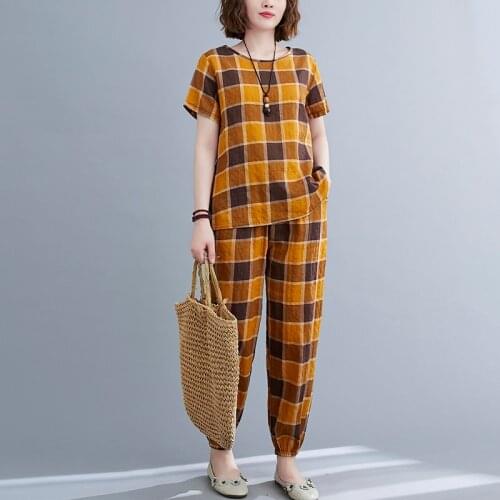 Print Plaid Fashion Women Clothes Set Loose Tops High Waist Harem Pants Two Piece Summer Casual Set Vintage Womens Cloth Suit