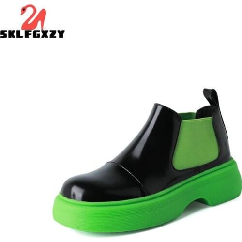 SKLFGXZY Chelsea Short Boots Women Genuine Cow Leather Flat Bottom and Velvet British Style Thick Heel Ankle Boots